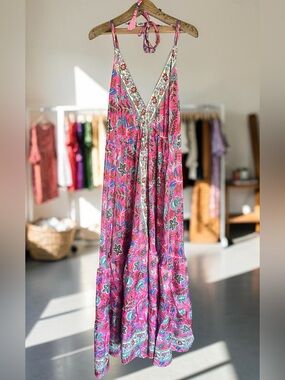 Rhea Pink Paisley Floral V-Neck Dori Dress. One size